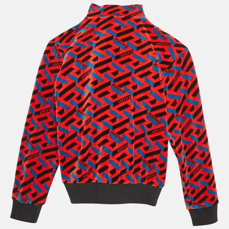 Pre Owned Versace Kids Orange Peel Logo Print Velvet Knit Zip-Up Sweatshirt 10 Yrs