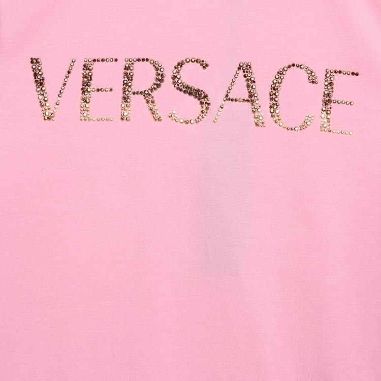 Pre Owned Versace Kids Pink Logo Studded Cotton Crew Neck T-Shirt 10 Yrs