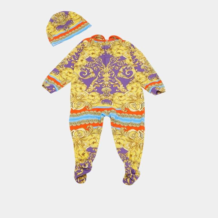Pre Owned Versace Baby Yellow/Purple Barocco Print Jersey Babygrow Set 12/18M