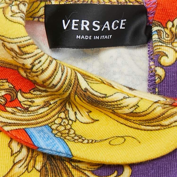 Pre Owned Versace Baby Yellow/Purple Barocco Print Jersey Babygrow Set 12/18M