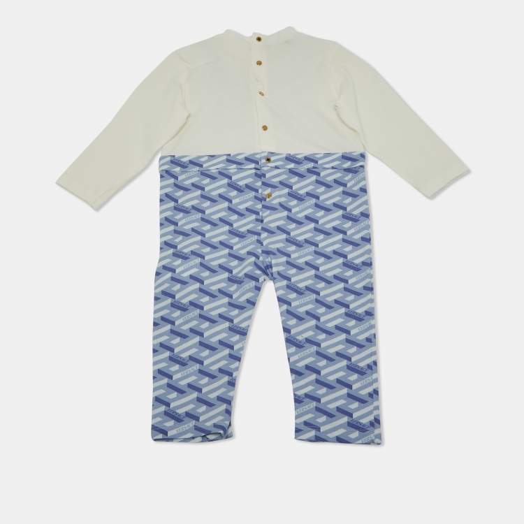 Pre Owned Versace Kids Blue La Greca Print Cotton Knit Jumpsuit 9-12 M