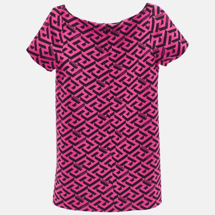 Pre Owned Versace Kids Pink La Greca Print Crepe Short Sleeve Dress 4 Yrs