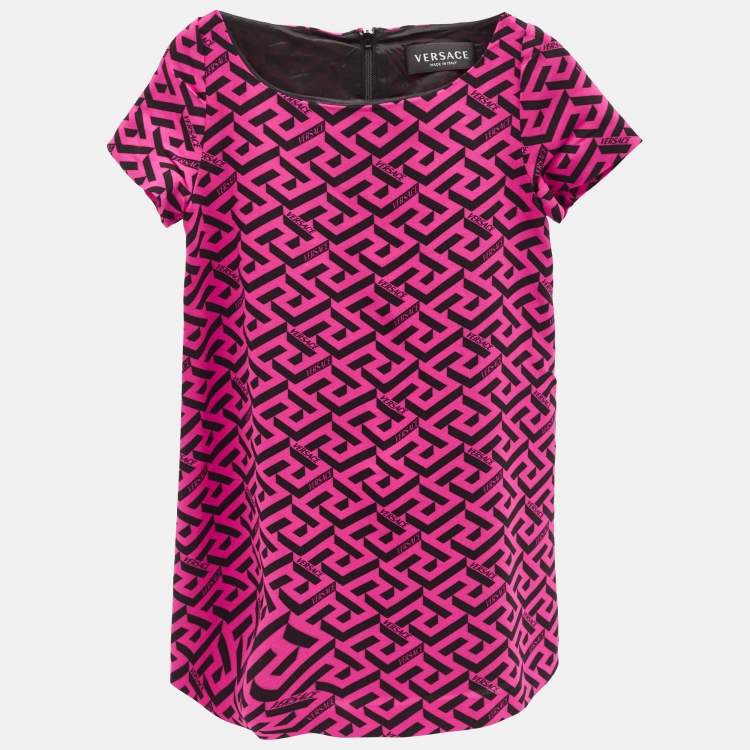 Pre Owned Versace Kids Pink La Greca Print Crepe Short Sleeve Dress 4 Yrs