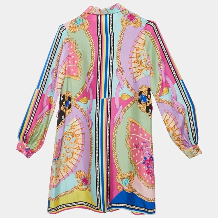 Pre Owned Versace Multicolor Ventagli Print Silk Shirt Dress 12 Yrs