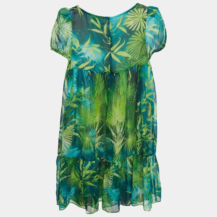 Pre Owned Versace Green Leaf Print Silk Chiffon Dress (12 Yrs)