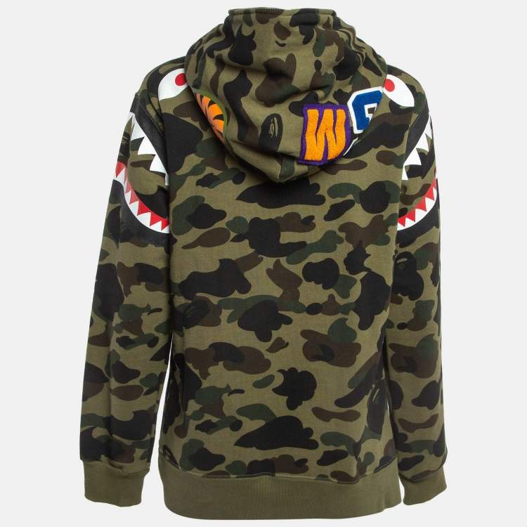 Pre Owned A Bathing Ape Green Camo and Shark Printed Hoodie L