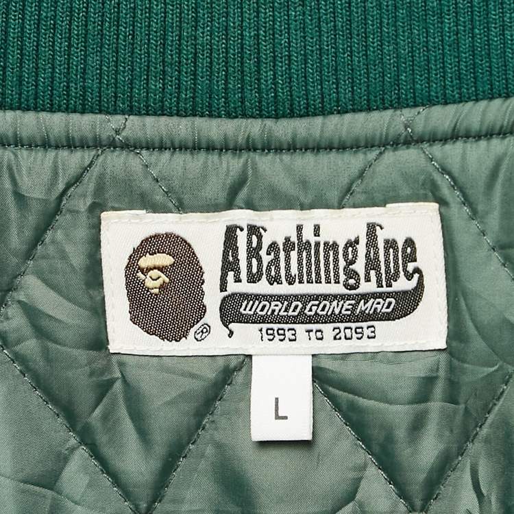 Pre Owned A Bathing Ape Green Nylon Bape Baseball Jacket L