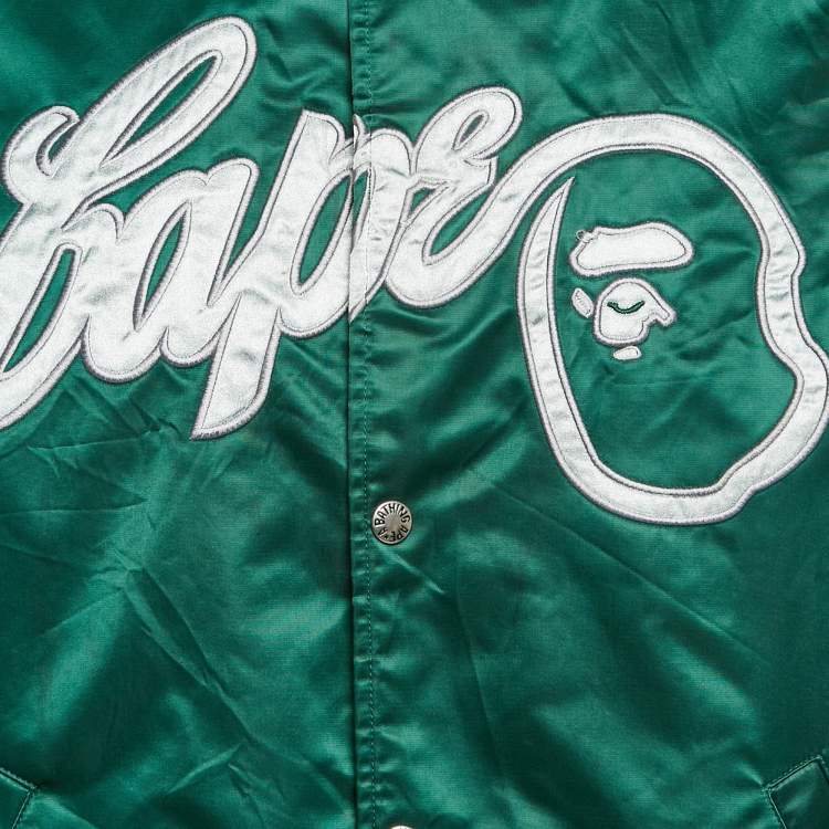 Pre Owned A Bathing Ape Green Nylon Bape Baseball Jacket L