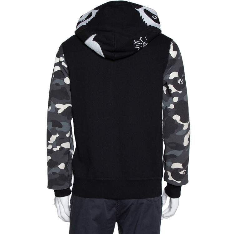 Pre Owned A Bathing Ape Black Knit Camo Panda Print Shark Detail Hoodie L 