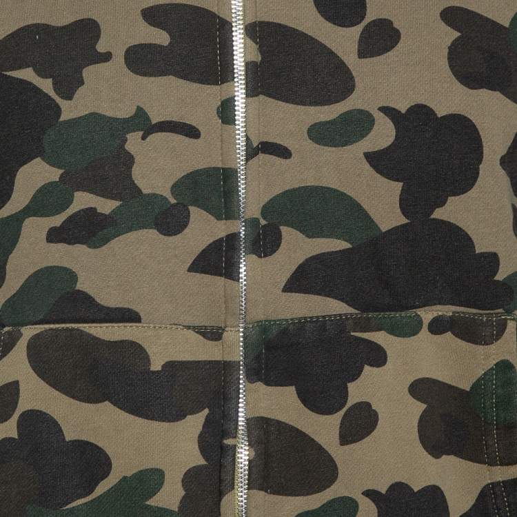 Pre Owned A Bathing Ape Green Camo Print Cotton Shark Full Zip Hoodie M