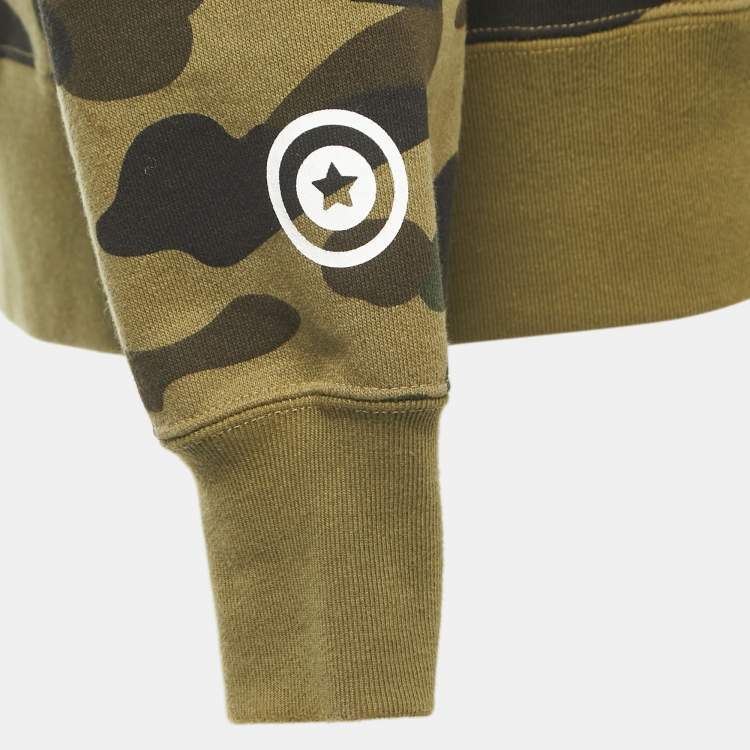 Pre Owned A Bathing Ape Military Green Camo Print Cotton Shark Head Hood Zip Front Jacket XL