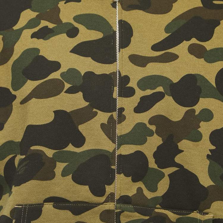 Pre Owned A Bathing Ape Military Green Camo Print Cotton Shark Head Hood Zip Front Jacket XL