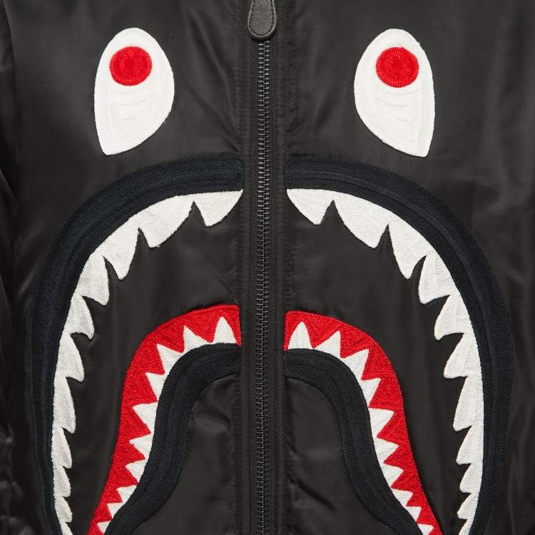 Pre Owned A Bathing Ape Black Shark Embroidered Zip Front Bomber Jacket L