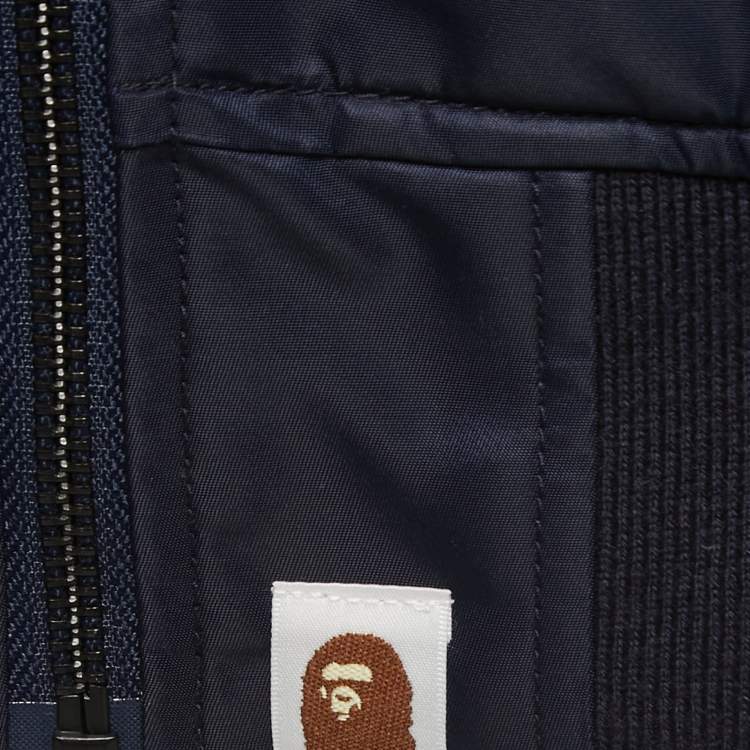 Pre Owned A Bathing Ape Navy Blue Nylon Split Shark & Tiger Patch Detailed Zip Front Bomber Jacket XL