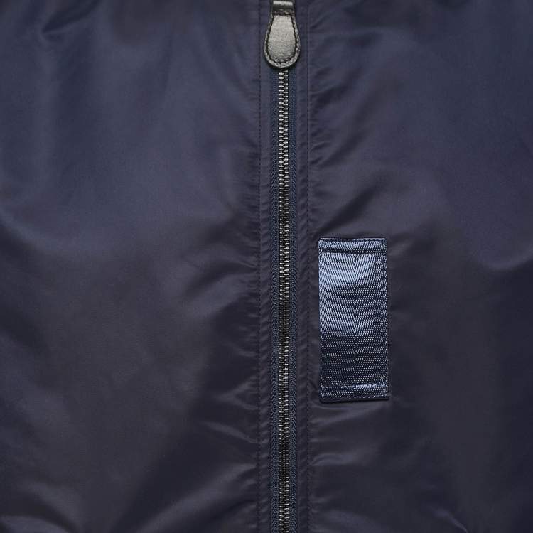 Pre Owned A Bathing Ape Navy Blue Nylon Split Shark & Tiger Patch Detailed Zip Front Bomber Jacket XL