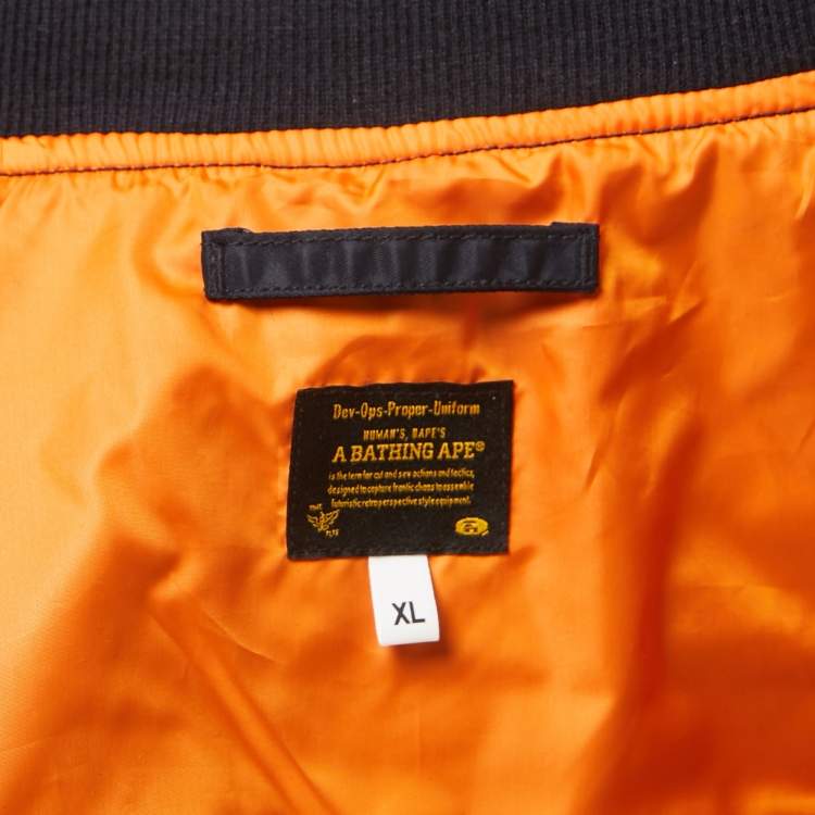 Pre Owned A Bathing Ape Navy Blue Nylon Split Shark & Tiger Patch Detailed Zip Front Bomber Jacket XL