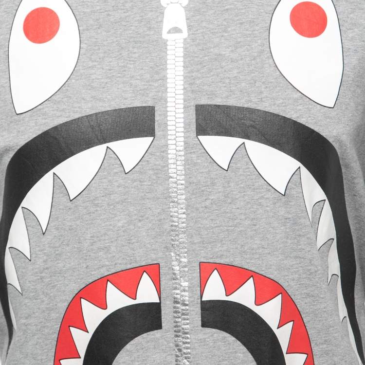 Pre Owned A Bathing Ape Grey Shark Print Cotton Crew Neck Long Sleeve T-Shirt L