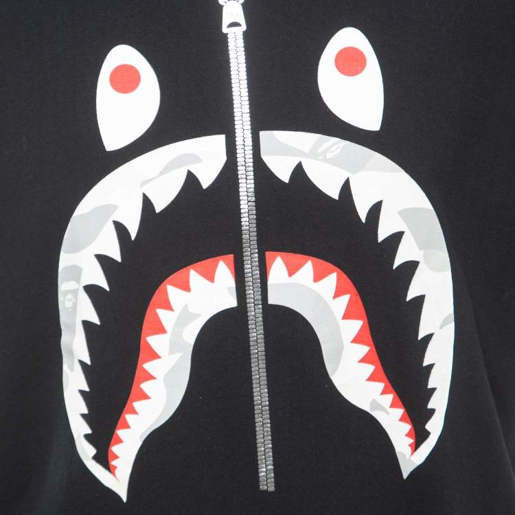 Pre Owned A Bathing Ape Black Shark Print Cotton Crew Neck Half Sleeve T-Shirt XL
