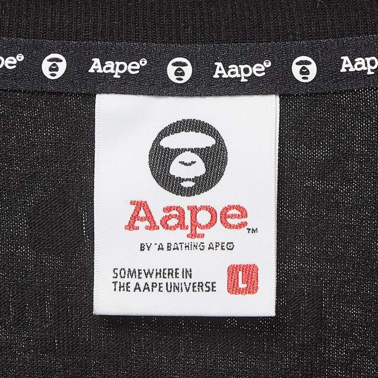 Pre Owned A Bathing Ape Black Printed Cotton Knit Crew Neck T-Shirt L