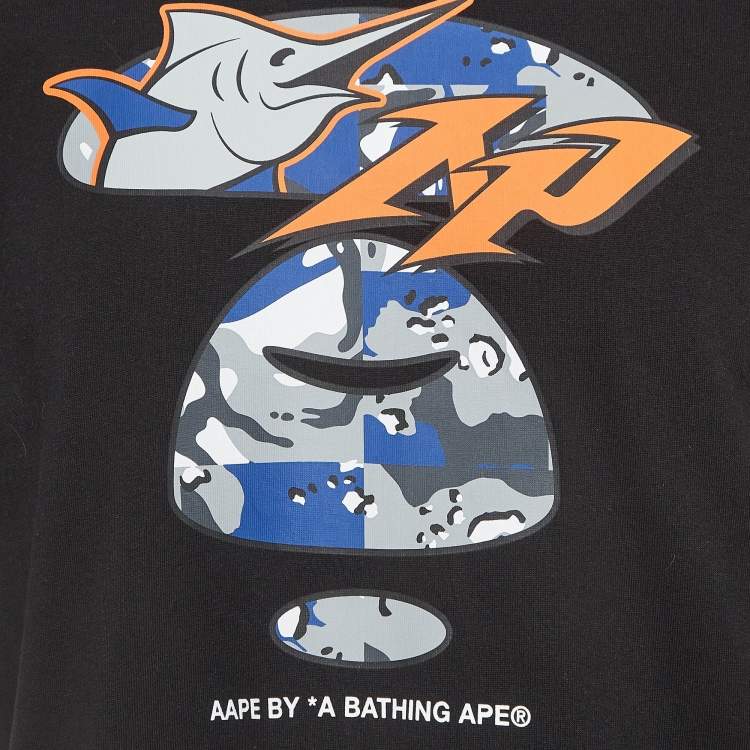 Pre Owned A Bathing Ape Black Printed Cotton Knit Crew Neck T-Shirt L