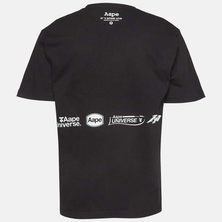 Pre Owned A Bathing Ape Black Printed Cotton Knit Crew Neck T-Shirt L