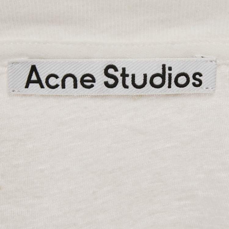 Pre Owned Acne Studios White Logo Print Cotton Distressed T Shirt L