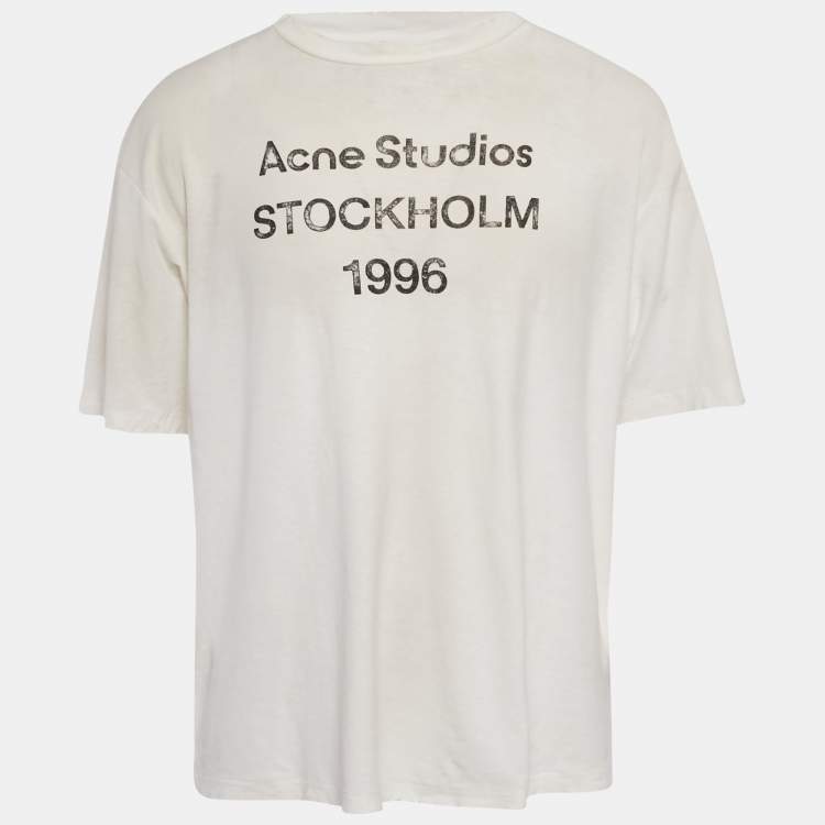Pre Owned Acne Studios White Logo Print Cotton Distressed T Shirt L