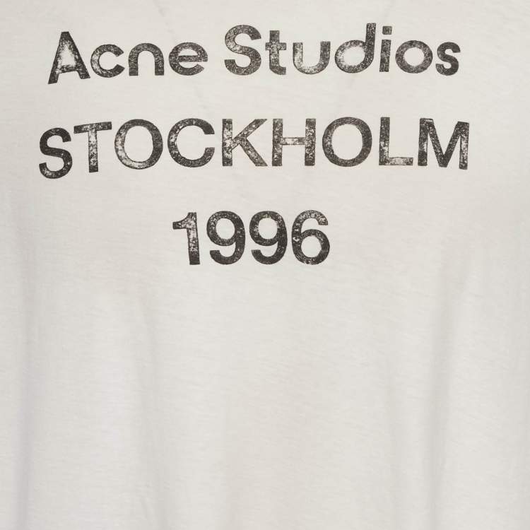 Pre Owned Acne Studios White Logo Print Cotton Distressed T Shirt L