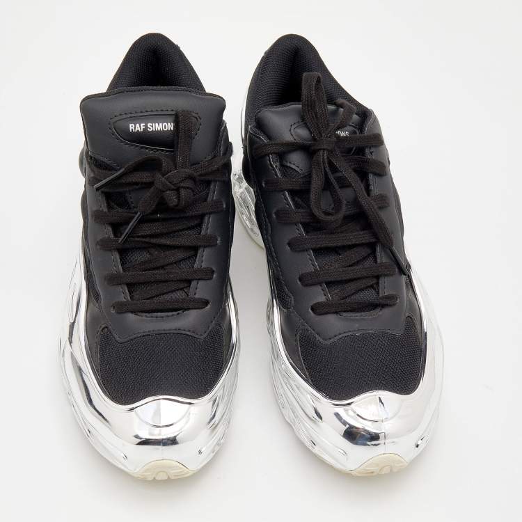 Pre Owned Adidas By Raf Simons Black/Silver Mesh And Leather Ozweego Core Sneakers Size 39