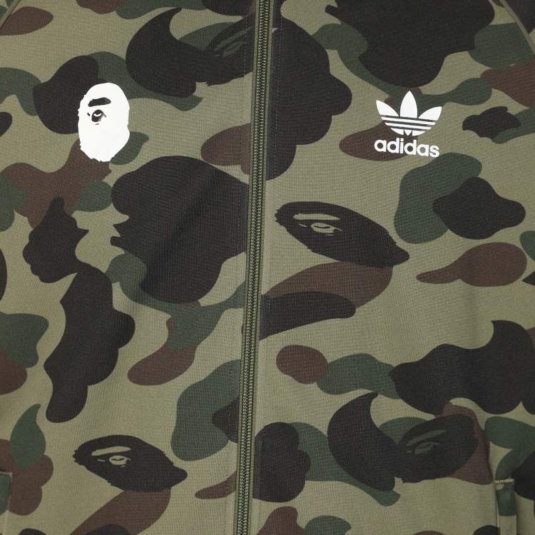 Pre Owned Adidas x BAPE Green Camo Stretch Knit Logo Printed Hoodie S