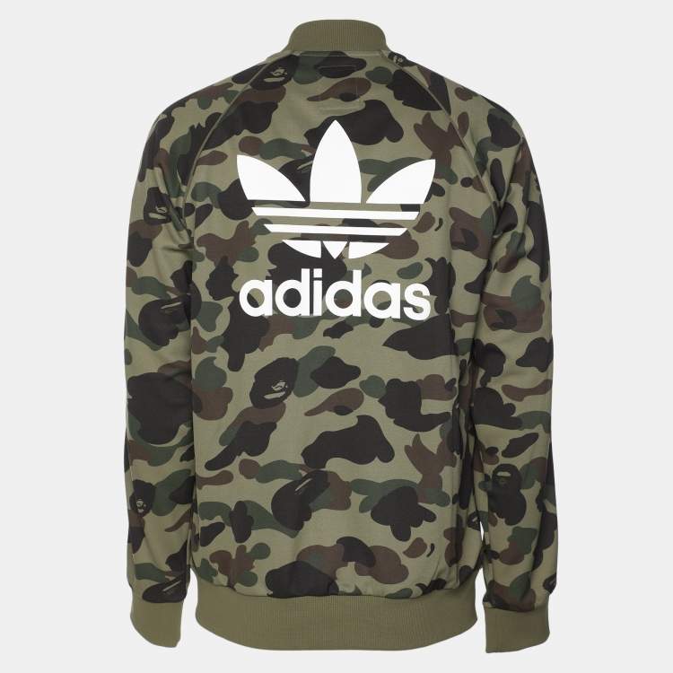 Pre Owned Adidas x BAPE Green Camo Stretch Knit Logo Printed Hoodie S