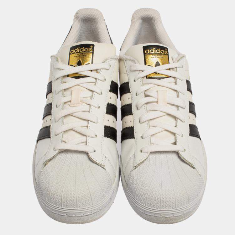 Pre Owned Adidas White/Black Leather And Rubber Cap Toe Superstar Low Top Sneakers Size 42 2/3