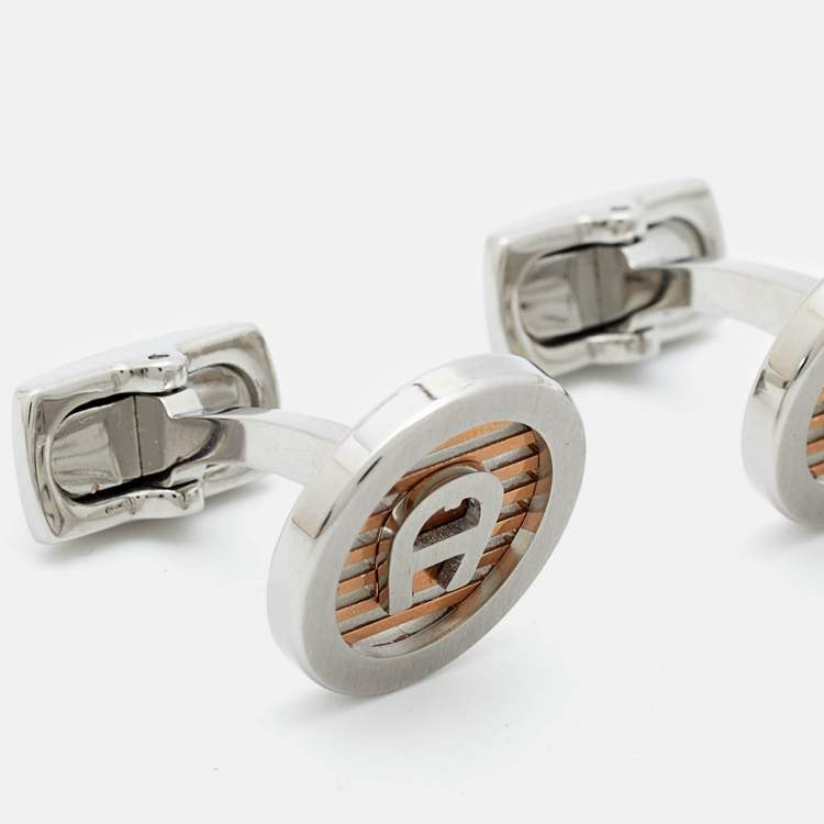 Pre Owned Aigner Logo Two Tone Metal Cufflinks