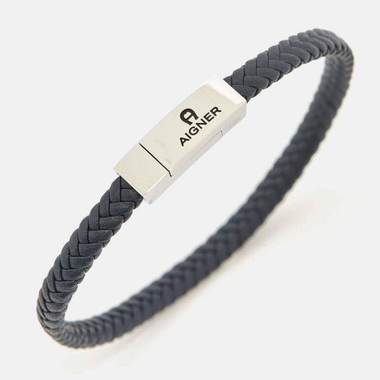 Pre Owned Aigner Leather Silver Tone Bracelet