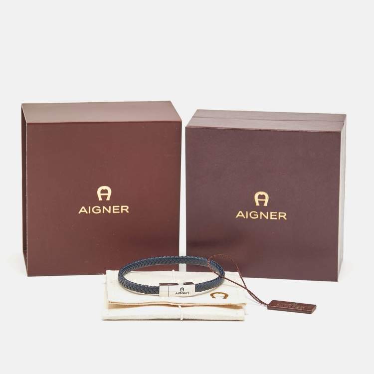 Pre Owned Aigner Leather Silver Tone Bracelet