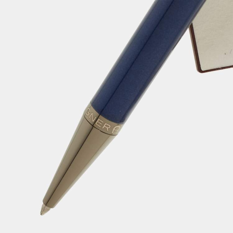 Pre Owned Aigner Blue Lacquer Gunmetal Tone Ballpoint Pen
