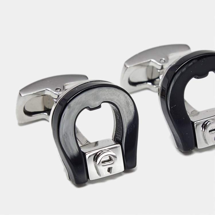 Pre Owned Aigner Logo Ceramic Silver Tone Cufflinks