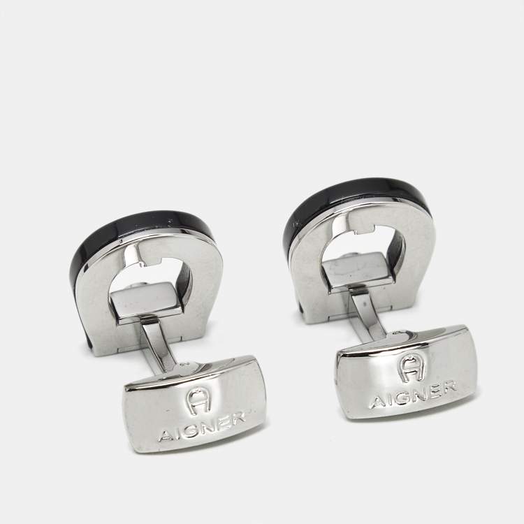 Pre Owned Aigner Logo Ceramic Silver Tone Cufflinks