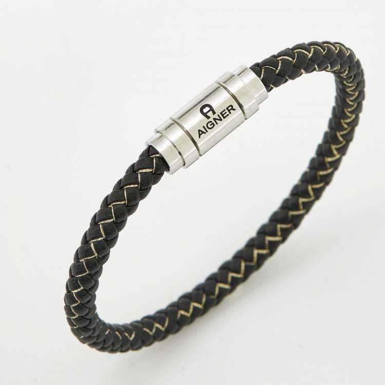 Pre Owned Aigner Leather Thread Silver Tone Bracelet