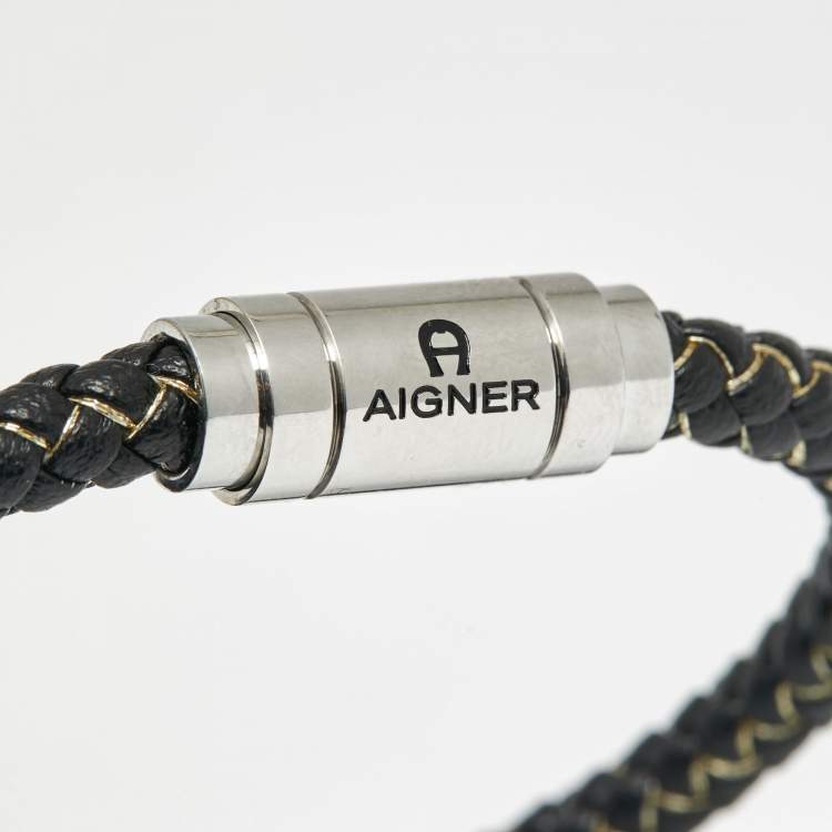 Pre Owned Aigner Leather Thread Silver Tone Bracelet