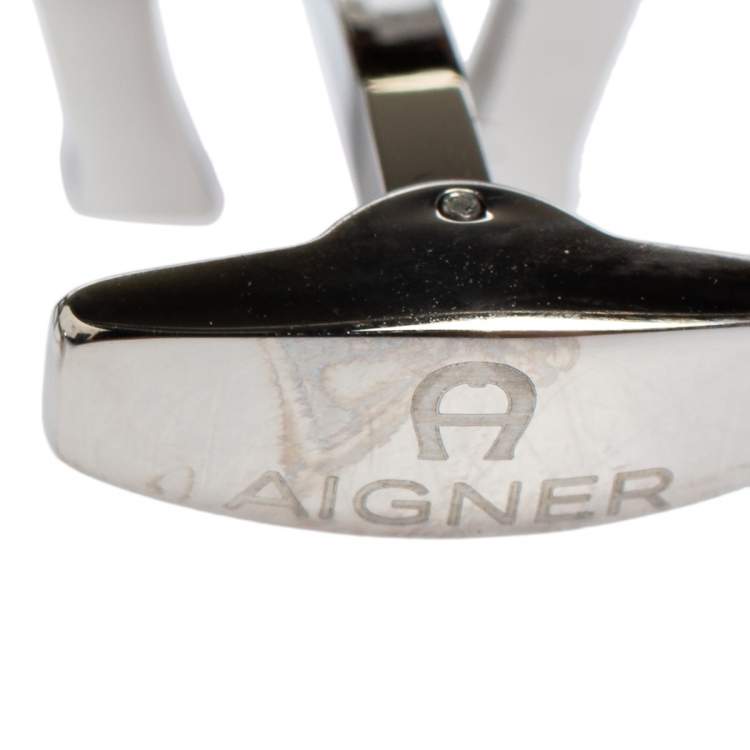 Pre Owned Aigner Black Enamel Silver Tone Logo Cufflinks