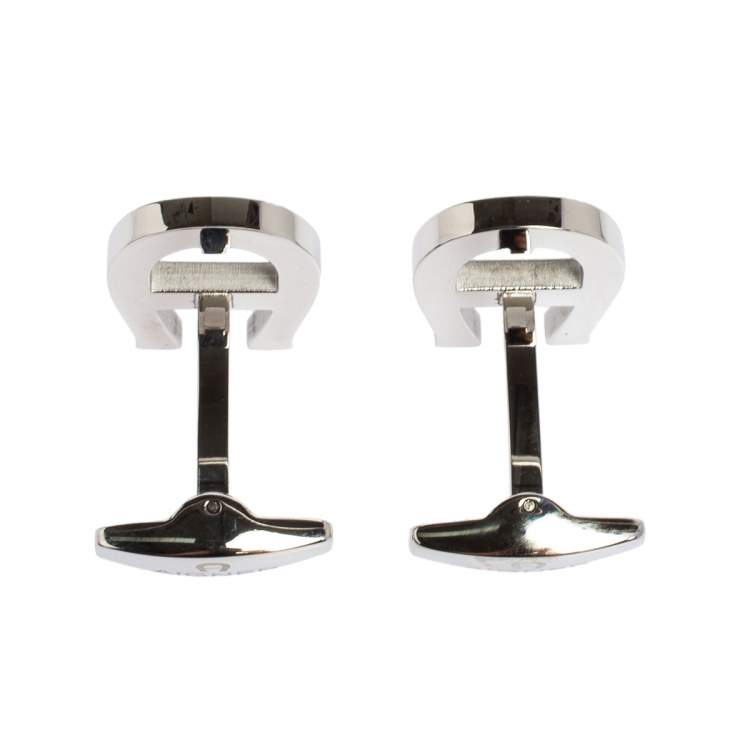 Pre Owned Aigner Black Enamel Silver Tone Logo Cufflinks