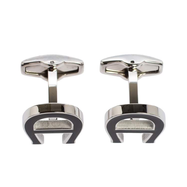 Pre Owned Aigner Black Enamel Silver Tone Logo Cufflinks