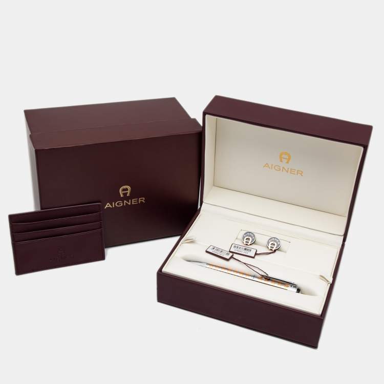 Pre Owned Aigner Two Tone Striped Ballpoint Pen, Cufflinks & Card Holder Set