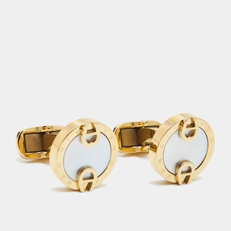 Aigner Mother of Pearl Gold Tone Cufflinks Aigner | The Luxury Closet