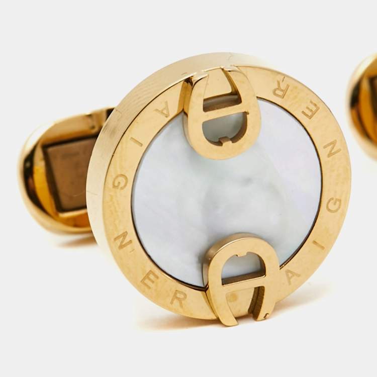 Pre Owned Aigner Mother of Pearl Gold Tone Toggle Cufflinks