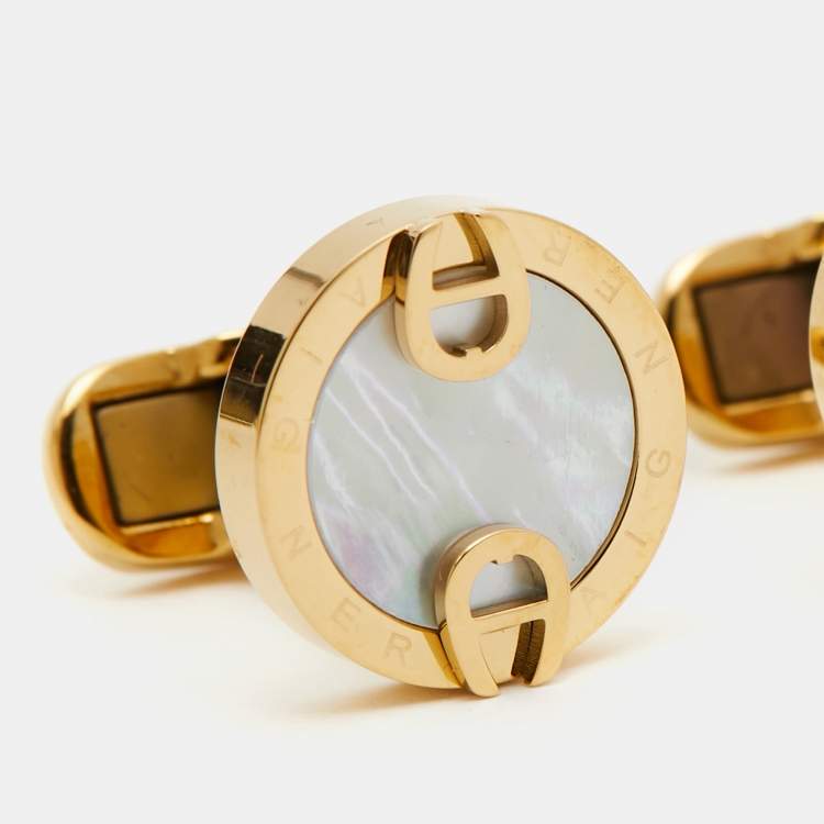 Pre Owned Aigner Mother of Pearl Gold Tone Cufflinks