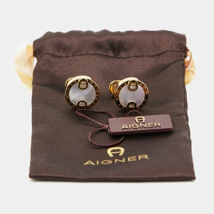 Pre Owned Aigner Mother of Pearl Gold Tone Cufflinks