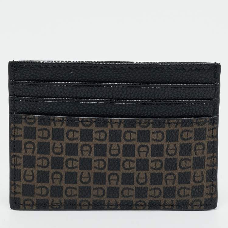 Pre Owned Aigner Black/Brown Monogram Coated Canvas and Leather Card Holder