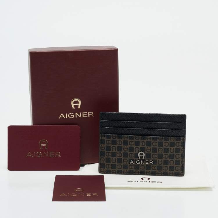 Pre Owned Aigner Black/Brown Monogram Coated Canvas and Leather Card Holder